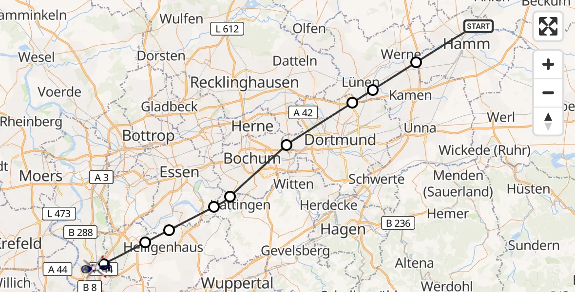 Flugroute Polizeihubschrauber Hamm - Düsseldorf Flughafen, 27 Oktober 2026, 04:36