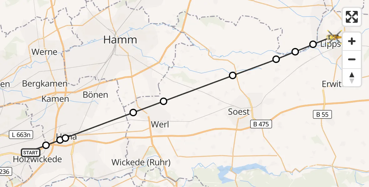 Flugroute Rettungshubschrauber Dortmund Flughafen - Lippstadt, 27 Oktober 2026, 05:13