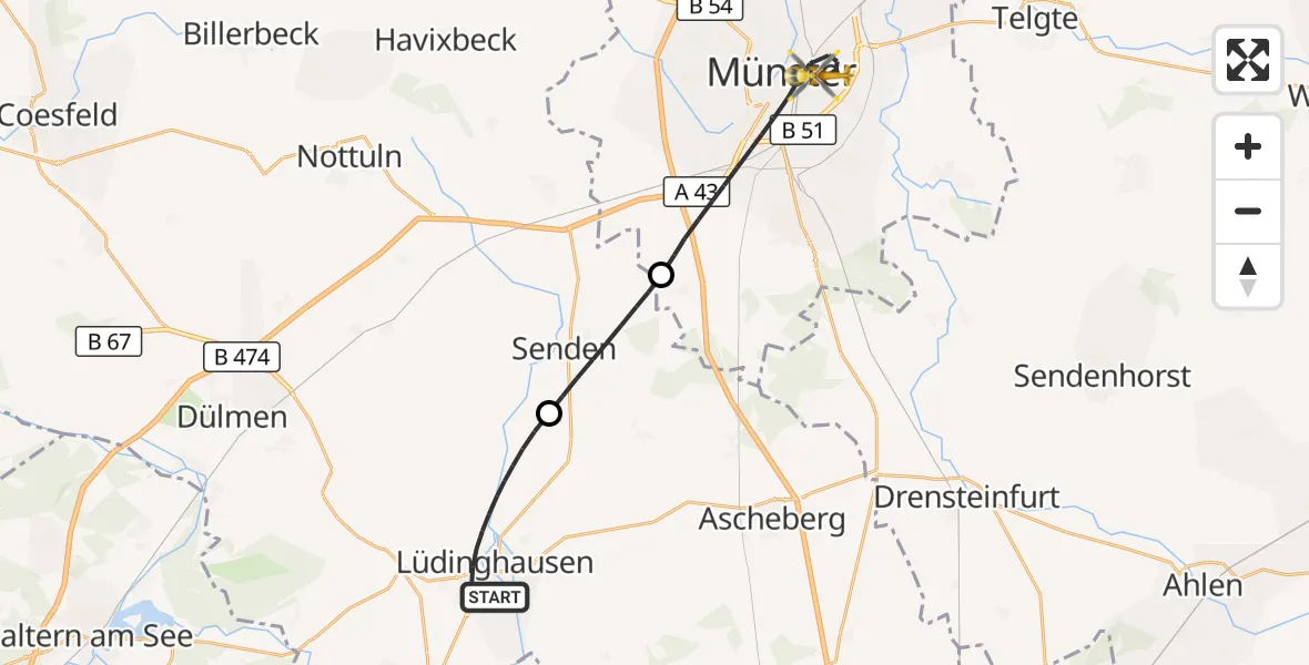 Flugroute Ambulanzhubschrauber Lüdinghausen - Münster, 27 Oktober 2026, 05:35