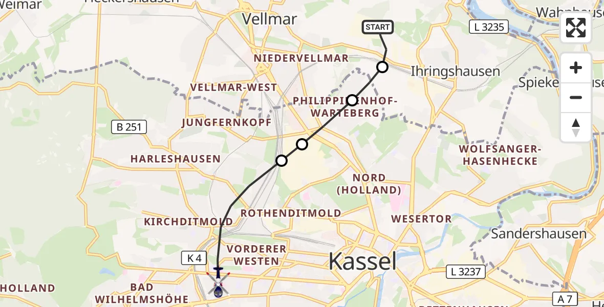 Flugroute Polizeihubschrauber Fuldatal Bundespolizei Hubschrauberlandeplatz - Kassel, 27 Oktober 2026, 05:48