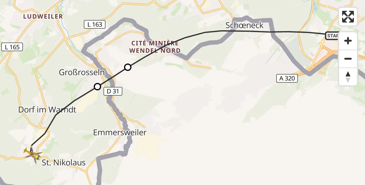Flugroute Rettungshubschrauber Saarbrücken - Großrosseln, 27 Oktober 2026, 06:15