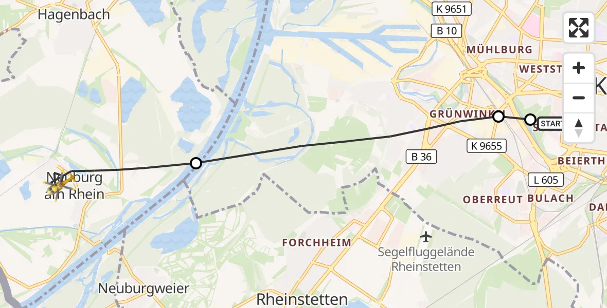 Flugroute Ambulanzhubschrauber Sankt Vincentius Hospital - Neuburg am Rhein, 27 Oktober 2026, 06:21