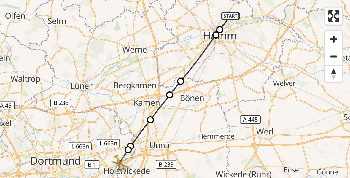 Flugroute Rettungshubschrauber Hamm - Dortmund Flughafen, 27 Oktober 2026, 06:47