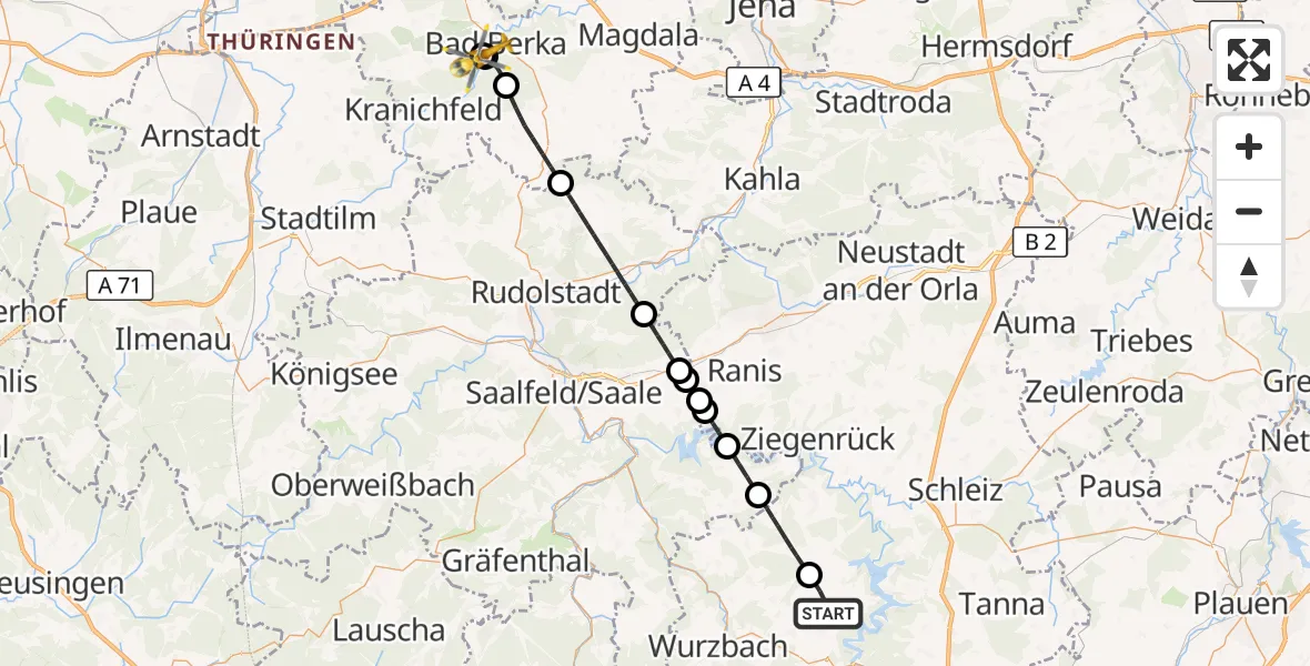 Flugroute Rettungshubschrauber Saalburg-Ebersdorf - Bad Berka Central Hospital, 27 Oktober 2026, 06:47