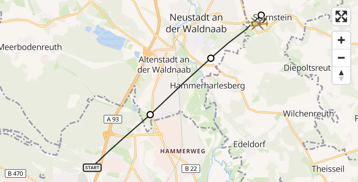Flugroute Ambulanzhubschrauber Weiden i.d.OPf. - Störnstein, 27 Oktober 2026, 06:48