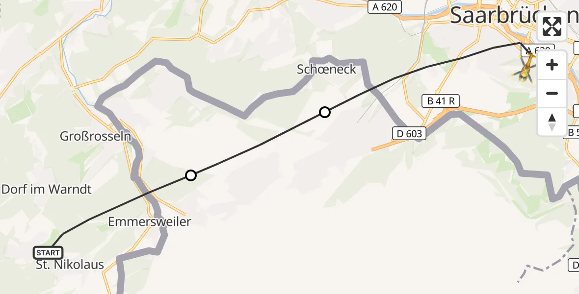 Flugroute Rettungshubschrauber Großrosseln - Saarbrücken, 27 Oktober 2026, 06:51