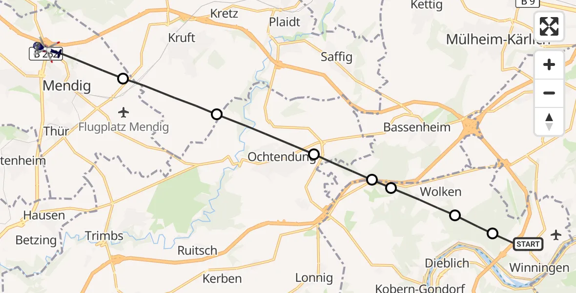 Flugroute Polizeihubschrauber Winningen - Mendig, 27 Oktober 2026, 06:51