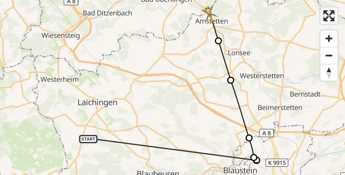 Flugroute Rettungshubschrauber Heroldstatt - Amstetten, 27 Oktober 2026, 06:55