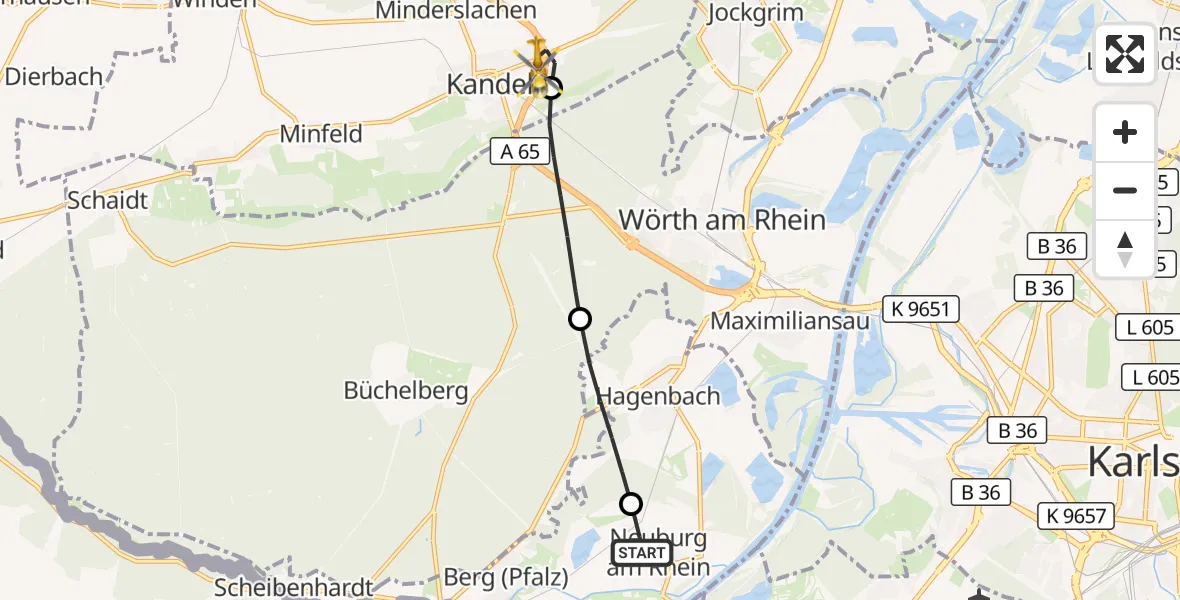 Flugroute Ambulanzhubschrauber Neuburg am Rhein - Kandel, 27 Oktober 2026, 07:02