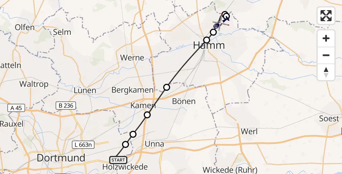 Flugroute Polizeihubschrauber Dortmund Flughafen - Hamm, 27 Oktober 2026, 07:02