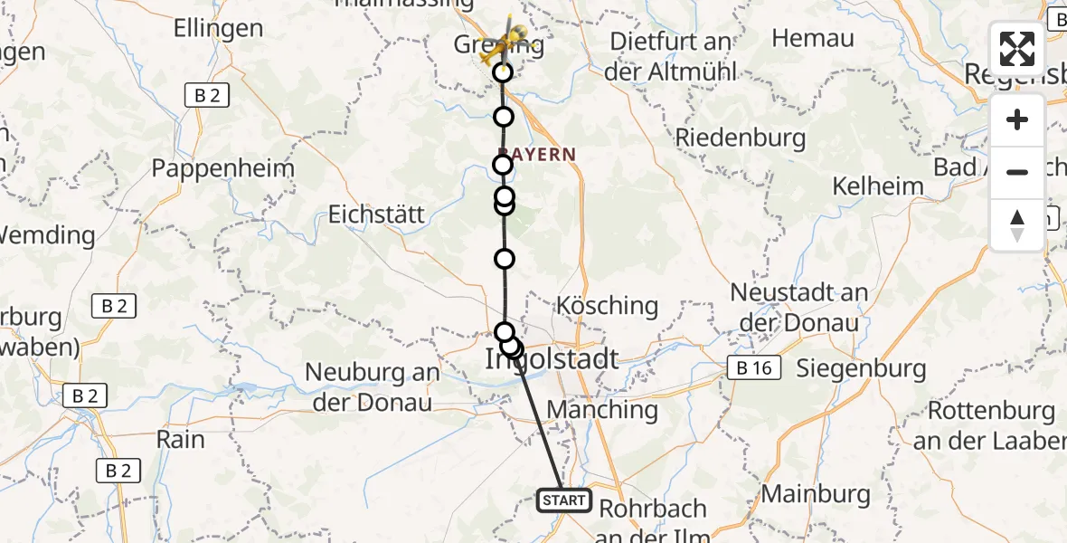 Flugroute Rettungshubschrauber Reichertshofen - Greding, 27 Oktober 2026, 07:05