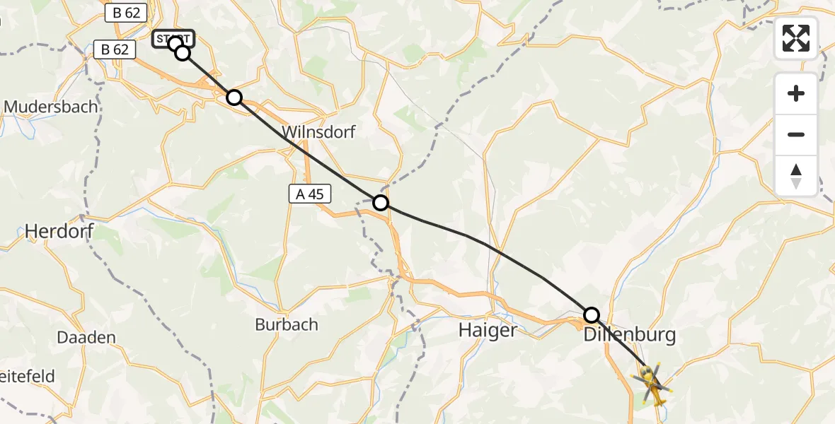 Flugroute Rettungshubschrauber Evangelisches Jung-Stilling Hospital - Dillenburg, 27 Oktober 2026, 07:10