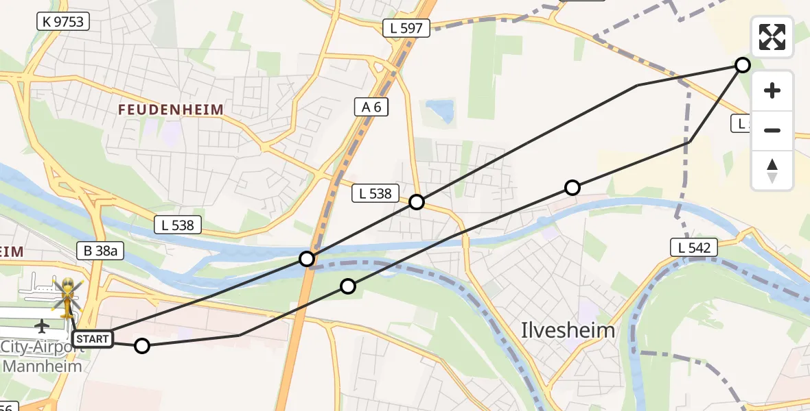 Flugroute Rettungshubschrauber Mannheim-City Flughafen - Mannheim-City Flughafen, 27 Oktober 2026, 07:22