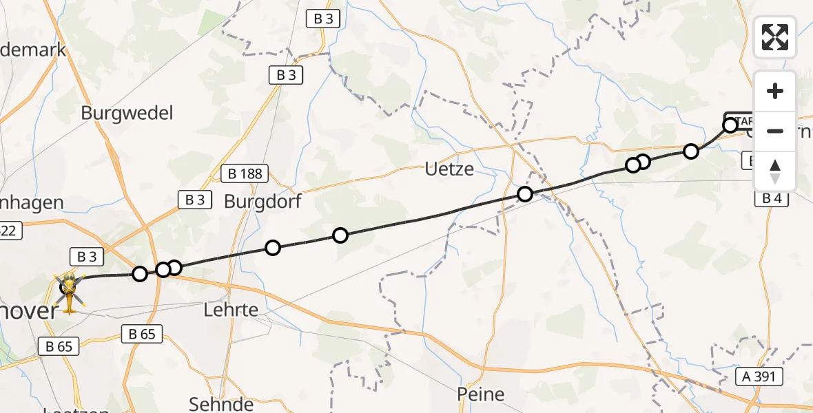 Flugroute Rettungshubschrauber Gifhorn Bundespolizei Hubschrauberlandeplatz - Hannover Luftrettung Hubschrauberlandeplatz (Christoph 4), 27 Oktober 2026, 07:29