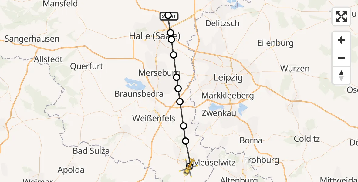 Flugroute Rettungshubschrauber Halle-Oppin Flugplatz - Zeitz Hospital, 27 Oktober 2026, 07:37