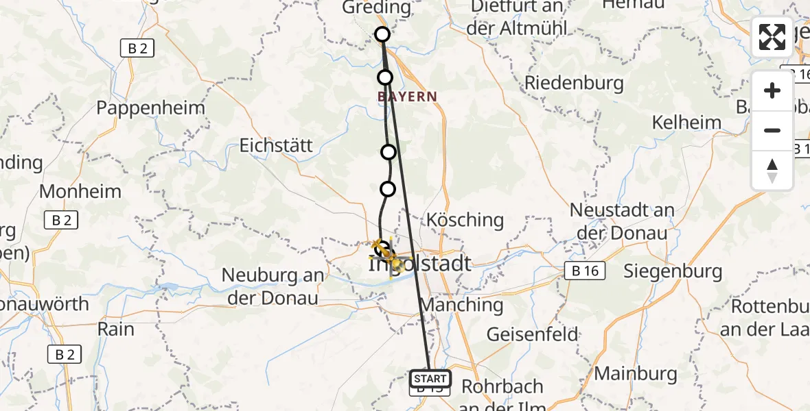 Flugroute Rettungshubschrauber Reichertshofen - Ingolstadt Hospital, 27 Oktober 2026, 07:41