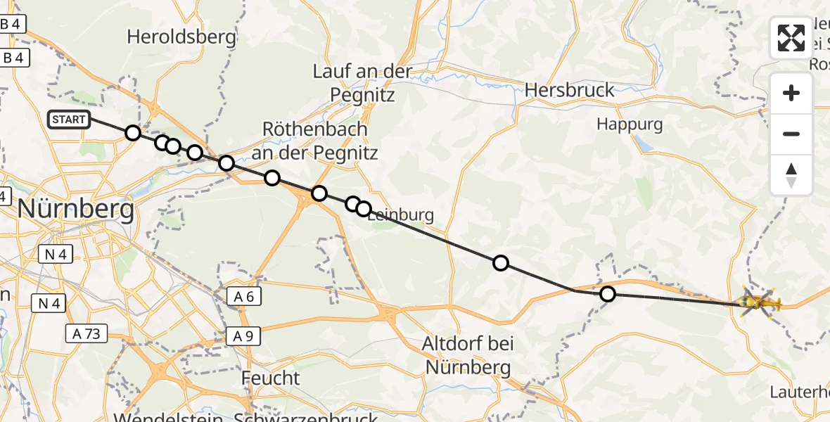 Flugroute Ambulanzhubschrauber Flughafen Nuremberg - Lauterhofen, 27 Oktober 2026, 07:42