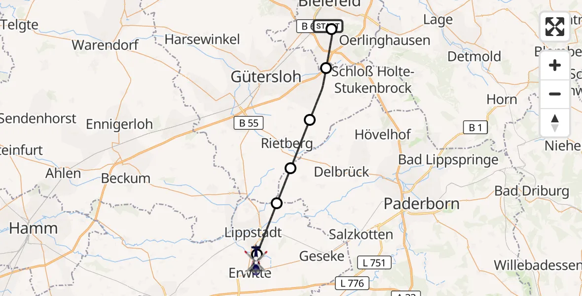 Flugroute Polizeihubschrauber Luftrettungszentrum Bielefeld - Erwitte, 27 Oktober 2026, 07:43