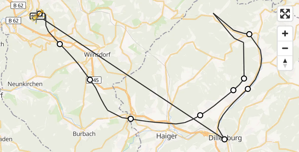 Flugroute Rettungshubschrauber Evangelisches Jung-Stilling Hospital - Evangelisches Jung-Stilling Hospital, 27 Oktober 2026, 07:55