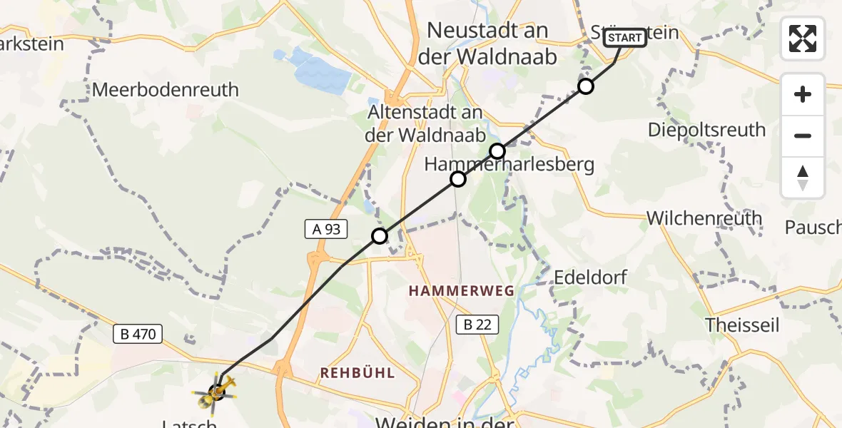 Flugroute Ambulanzhubschrauber Störnstein - Weiden in der Oberpfalz Flugplatz, 27 Oktober 2026, 07:59