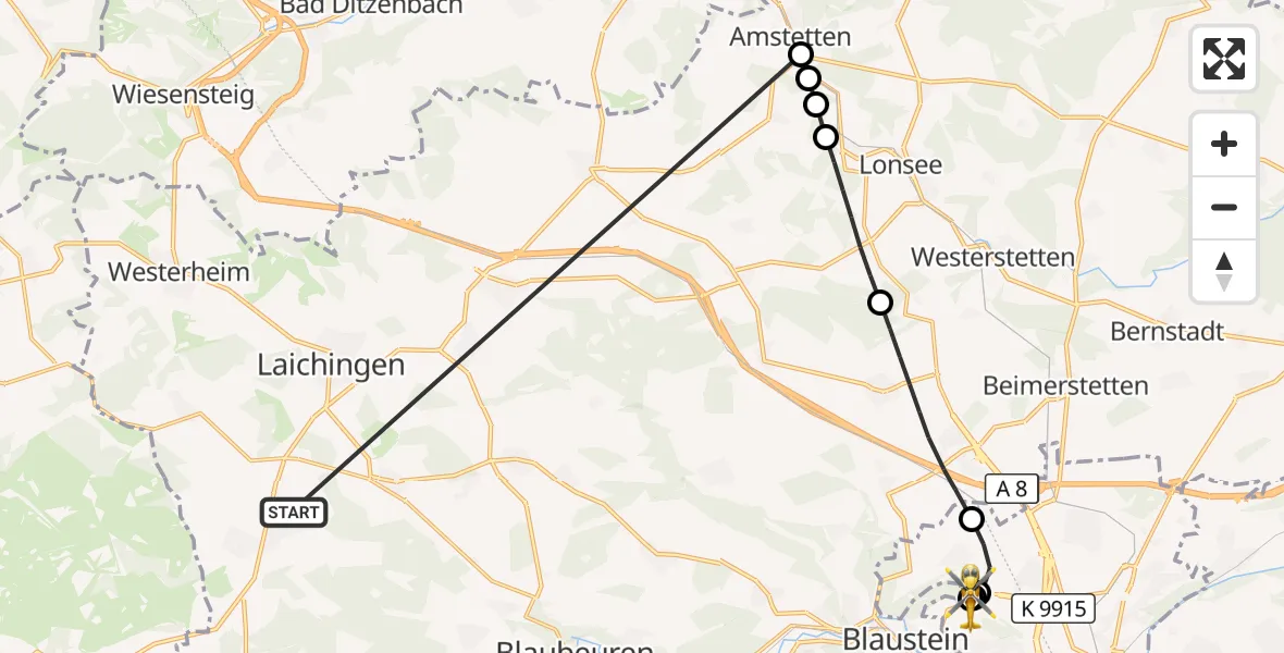 Flugroute Rettungshubschrauber Heroldstatt - ADAC Air Rescue Station Ulm (Christoph 22), 27 Oktober 2026, 08:09