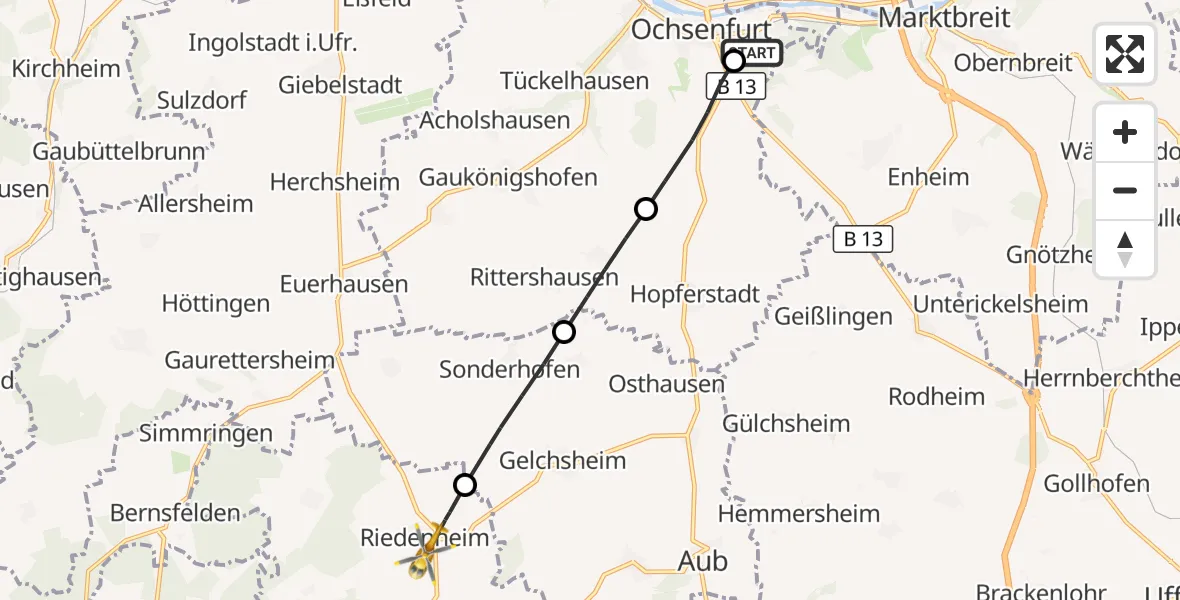 Flugroute Rettungshubschrauber Ochsenfurt Hospital - Riedenheim, 27 Oktober 2026, 08:13