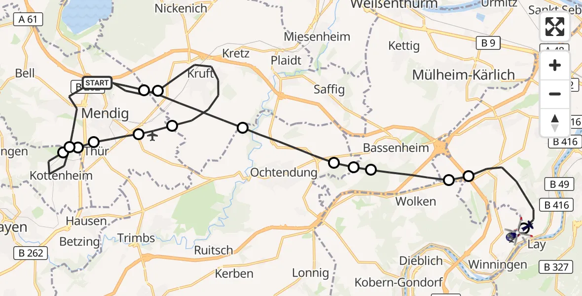 Flugroute Polizeihubschrauber Mendig - Koblenz-Winningen Flugplatz, 27 Oktober 2026, 08:13