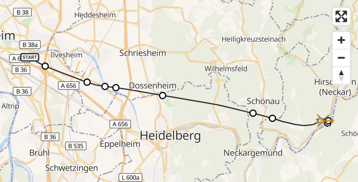 Flugroute Rettungshubschrauber Mannheim-City Flughafen - Neckarsteinach, 27 Oktober 2026, 08:21