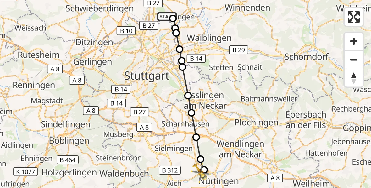 Flugroute Rettungshubschrauber Pattonville Flugplatz - Nürtingen, 27 Oktober 2026, 08:22