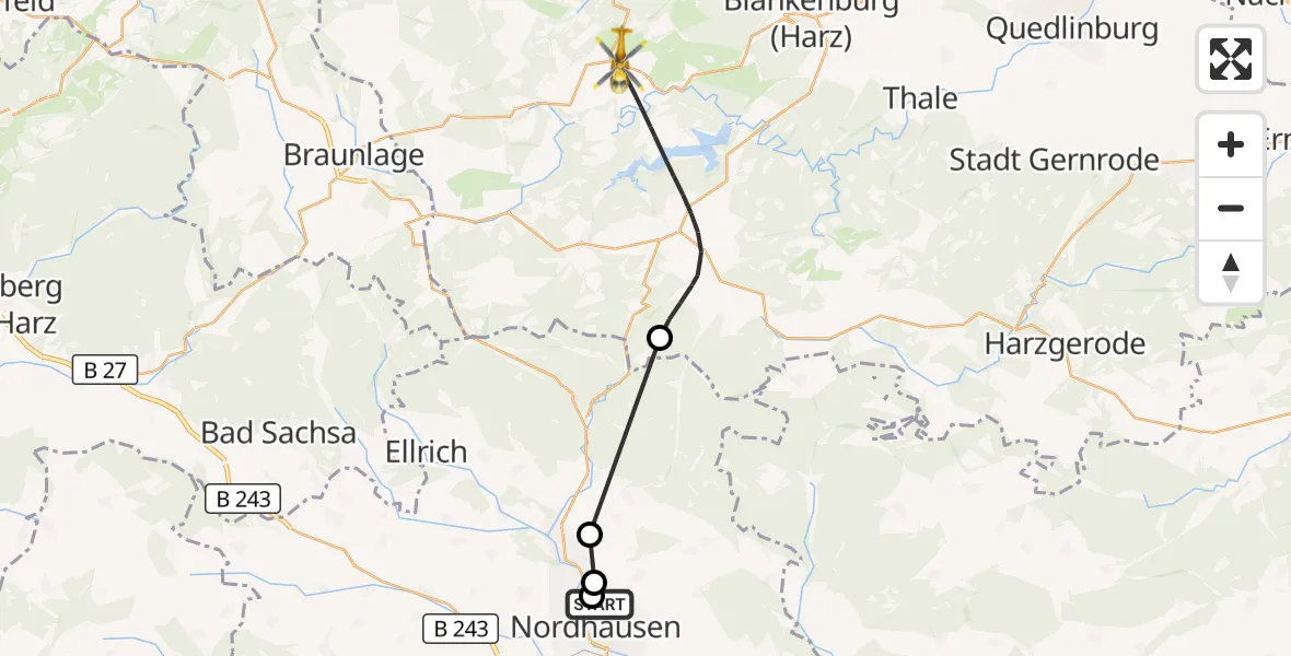 Flugroute Rettungshubschrauber Südharz Hospital Nordhausen - Oberharz am Brocken, 27 Oktober 2026, 08:30