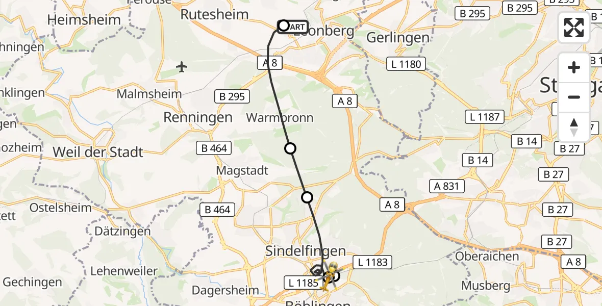 Flugroute Rettungshubschrauber Leonberg Hospital - Sindelfingen, 27 Oktober 2026, 08:32