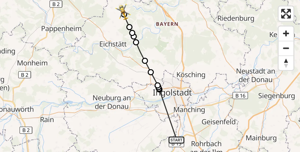 Flugroute Rettungshubschrauber Reichertshofen - Titting, 27 Oktober 2026, 08:34