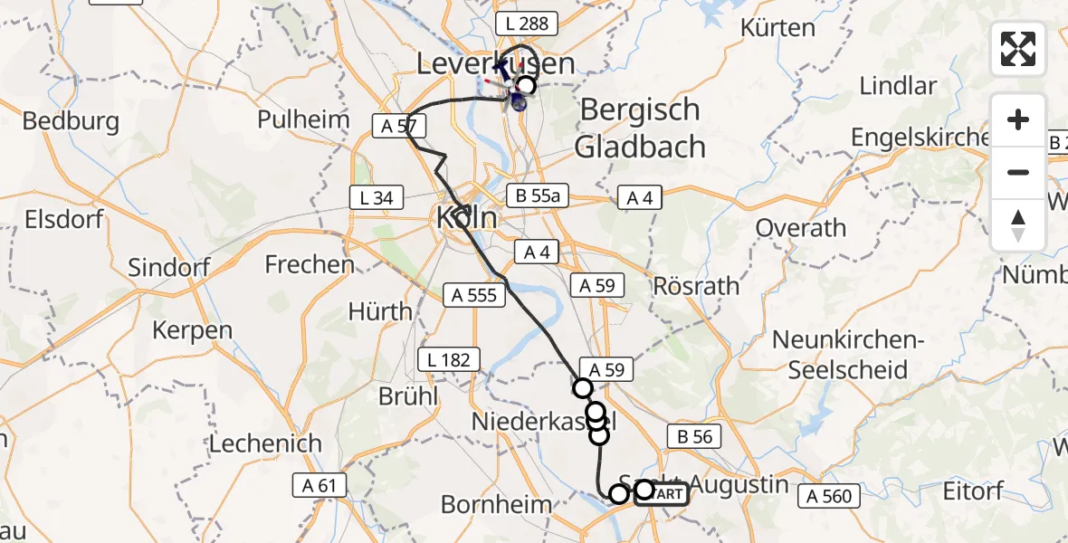 Flugroute Polizeihubschrauber Sankt Augustin - Leverkusen Flugplatz, 27 Oktober 2026, 08:38