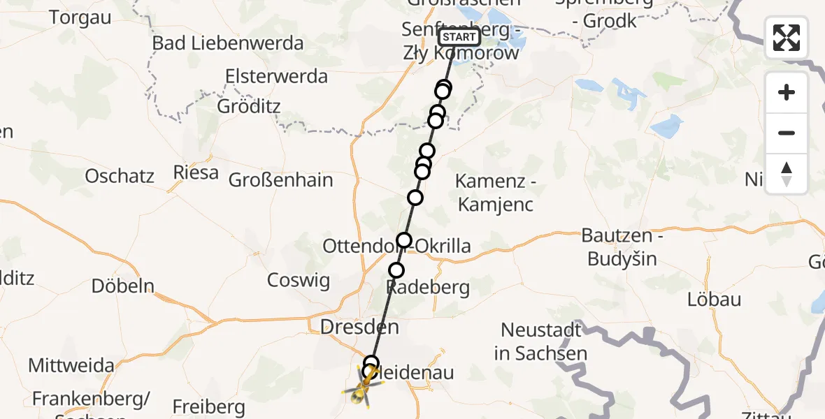 Flugroute Ambulanzhubschrauber Senftenberg - Kreischa, 27 Oktober 2026, 08:42