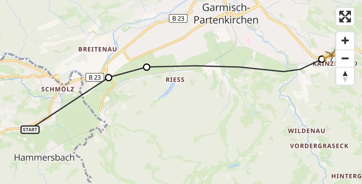 Flugroute Rettungshubschrauber Grainau - Garmisch-Partenkirchen Clinic Hubschrauberlandeplatz, 27 Oktober 2026, 08:45