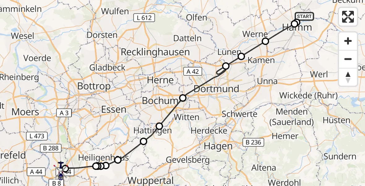Flugroute Polizeihubschrauber Hamm - Düsseldorf Flughafen, 27 Oktober 2026, 08:49