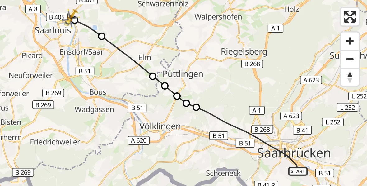 Flugroute Rettungshubschrauber Saarbrücken - Saarlouis, 27 Oktober 2026, 08:54