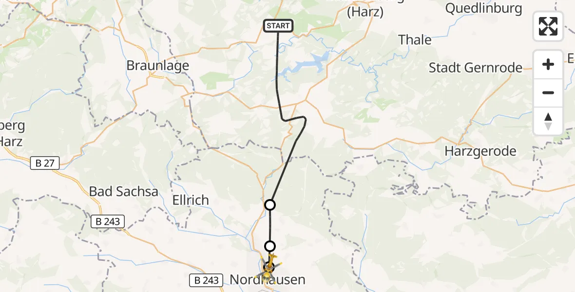 Flugroute Rettungshubschrauber Oberharz am Brocken - Südharz Hospital Nordhausen, 27 Oktober 2026, 08:56
