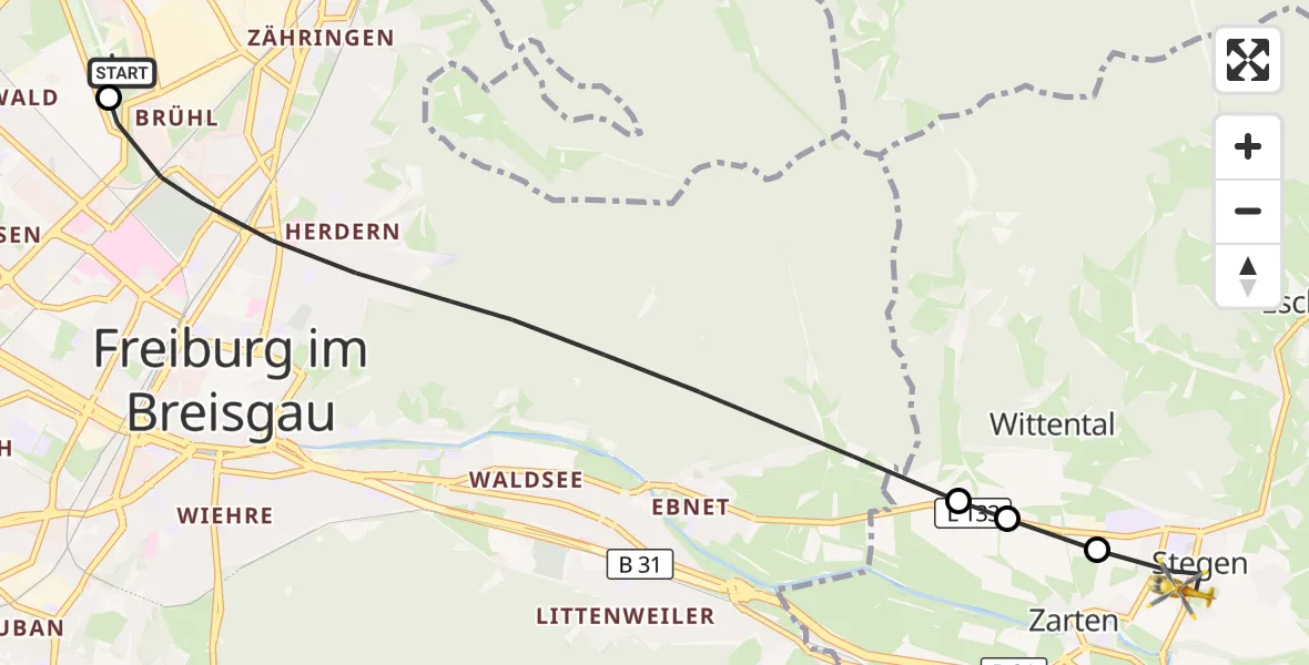Flugroute Ambulanzhubschrauber Freiburg im Breisgau Flugplatz - Stegen, 27 Oktober 2026, 08:59