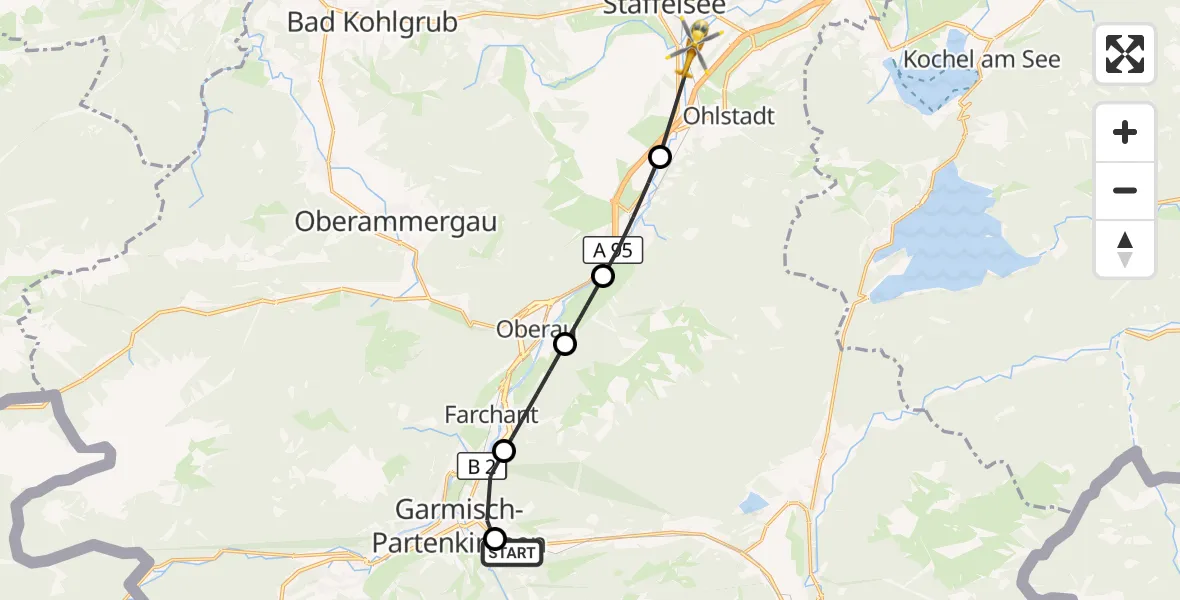 Flugroute Rettungshubschrauber Garmisch-Partenkirchen Clinic Hubschrauberlandeplatz - Ohlstadt, 27 Oktober 2026, 09:00