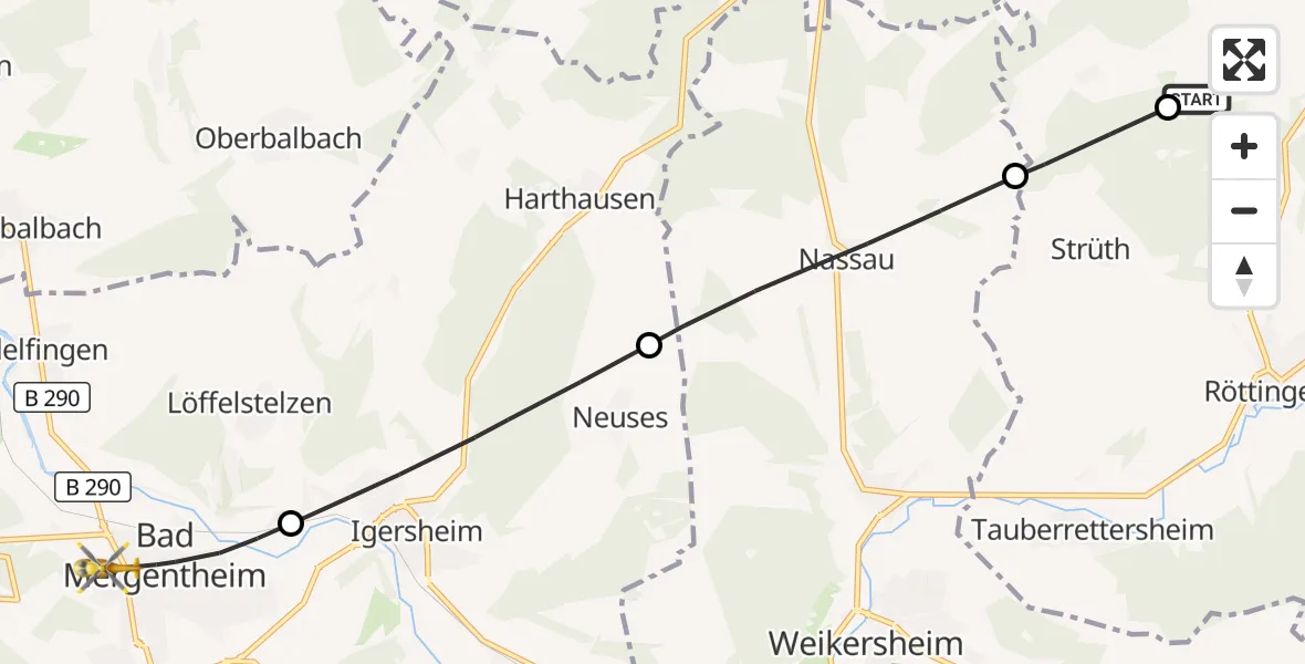 Flugroute Rettungshubschrauber Riedenheim - Bad Mergentheim, 27 Oktober 2026, 09:02