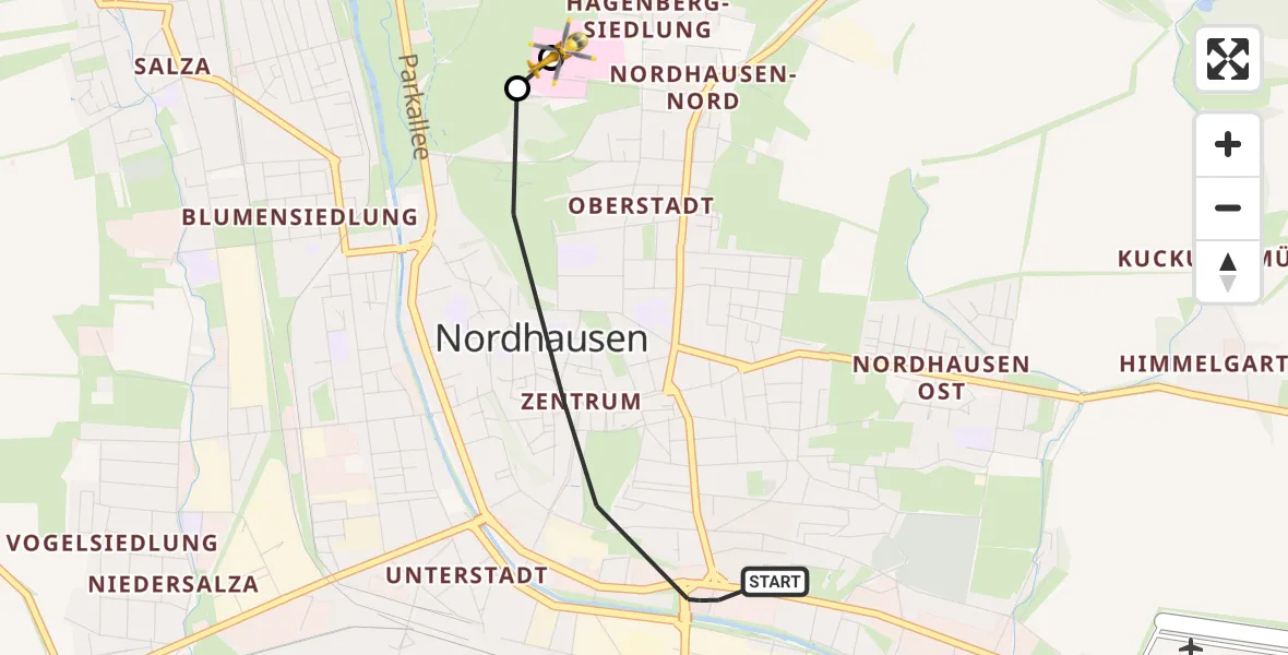 Flugroute Rettungshubschrauber Nordhausen - Südharz Hospital Nordhausen, 27 Oktober 2026, 09:08
