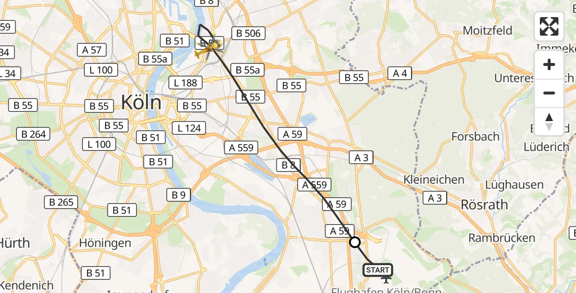 Flugroute Rettungshubschrauber Köln Bonn Flughafen - Köln, 27 Oktober 2026, 09:11