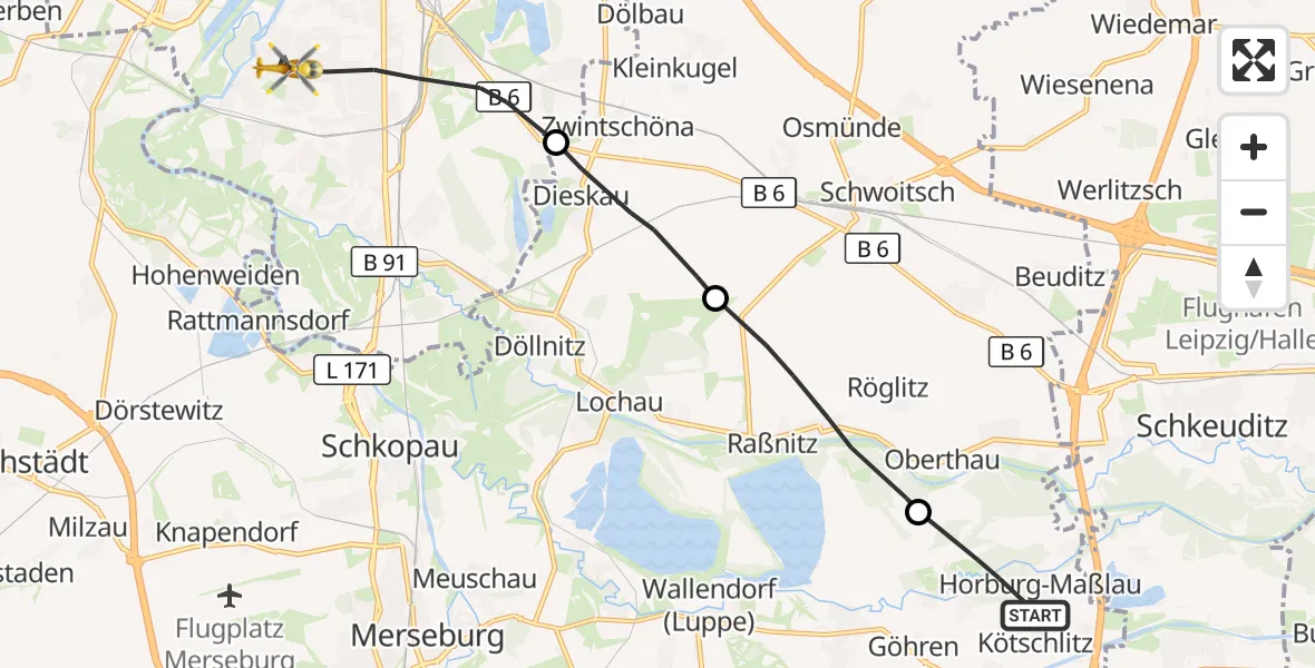 Flugroute Rettungshubschrauber Leuna - Halle (Saale), 27 Oktober 2026, 09:22