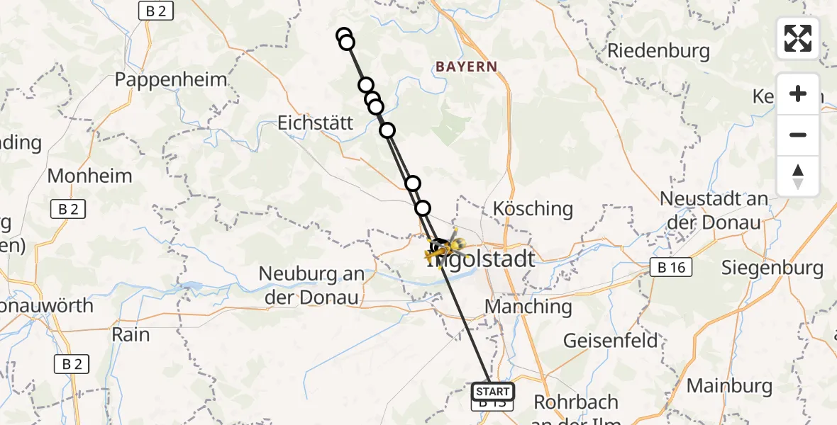 Flugroute Rettungshubschrauber Reichertshofen - Ingolstadt Hospital, 27 Oktober 2026, 09:24