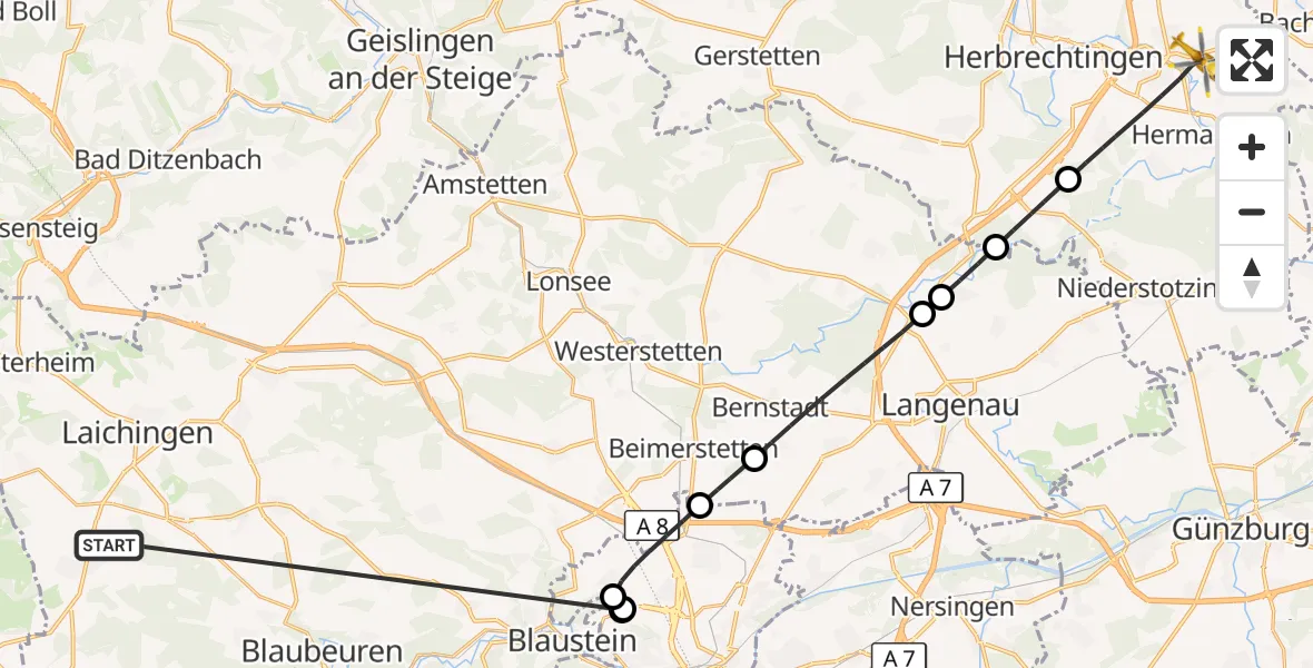 Flugroute Rettungshubschrauber Heroldstatt - Giengen an der Brenz, 27 Oktober 2026, 09:24