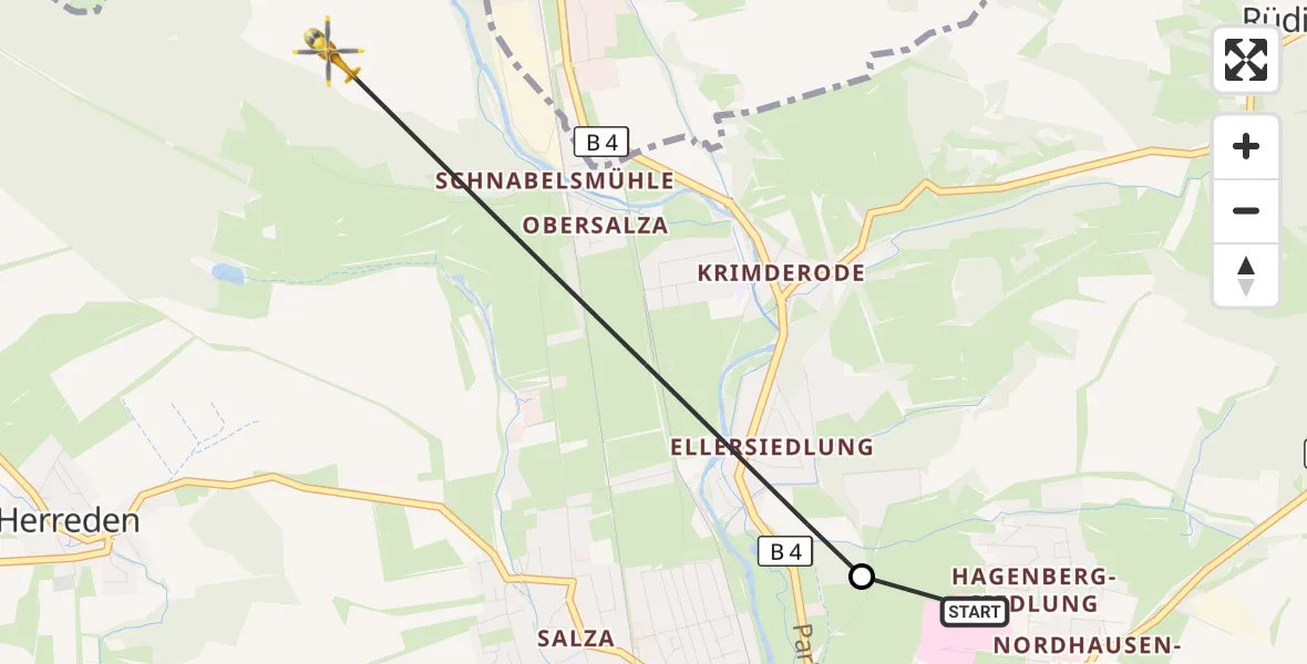 Flugroute Rettungshubschrauber Südharz Hospital Nordhausen - Nordhausen, 27 Oktober 2026, 09:24