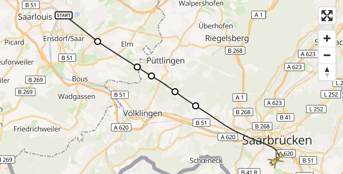 Flugroute Rettungshubschrauber Ensdorf - Saarbrücken, 27 Oktober 2026, 09:27