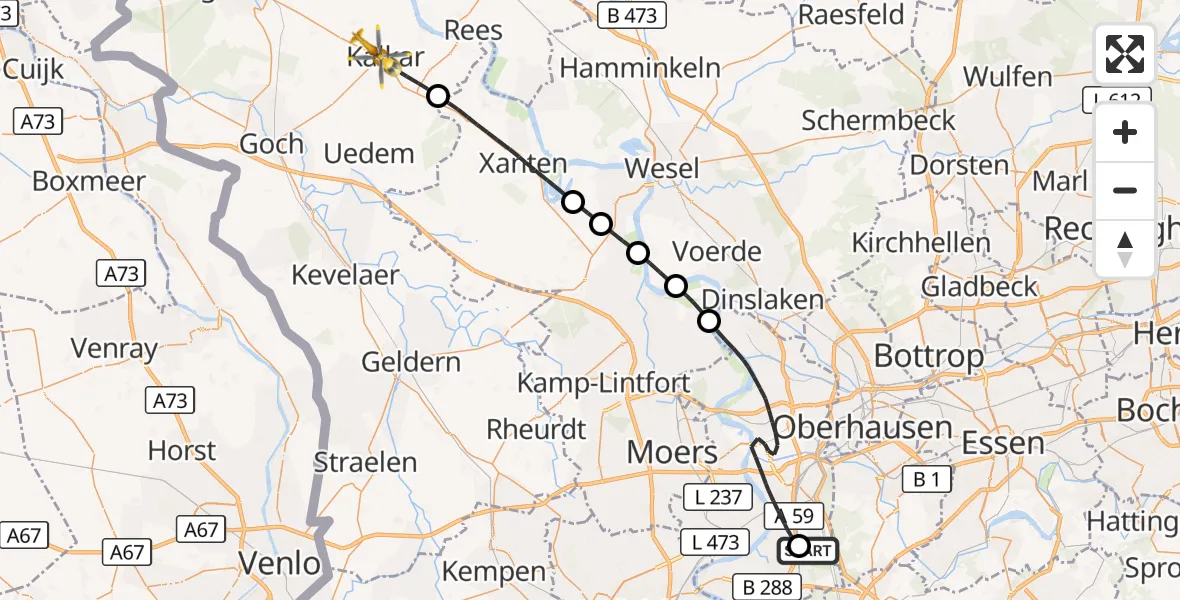Flugroute Rettungshubschrauber Duisburg Air Rescue Hubschrauberlandeplatz (Christoph 9) - Kalkar, 27 Oktober 2026, 09:29