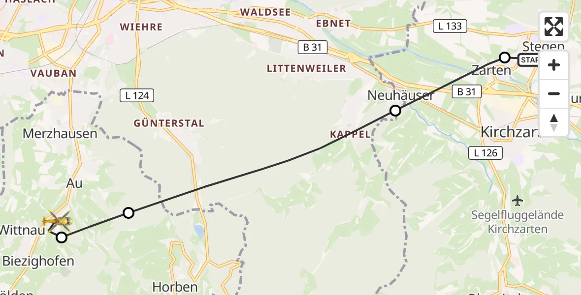 Flugroute Ambulanzhubschrauber Stegen - Wittnau, 27 Oktober 2026, 09:30